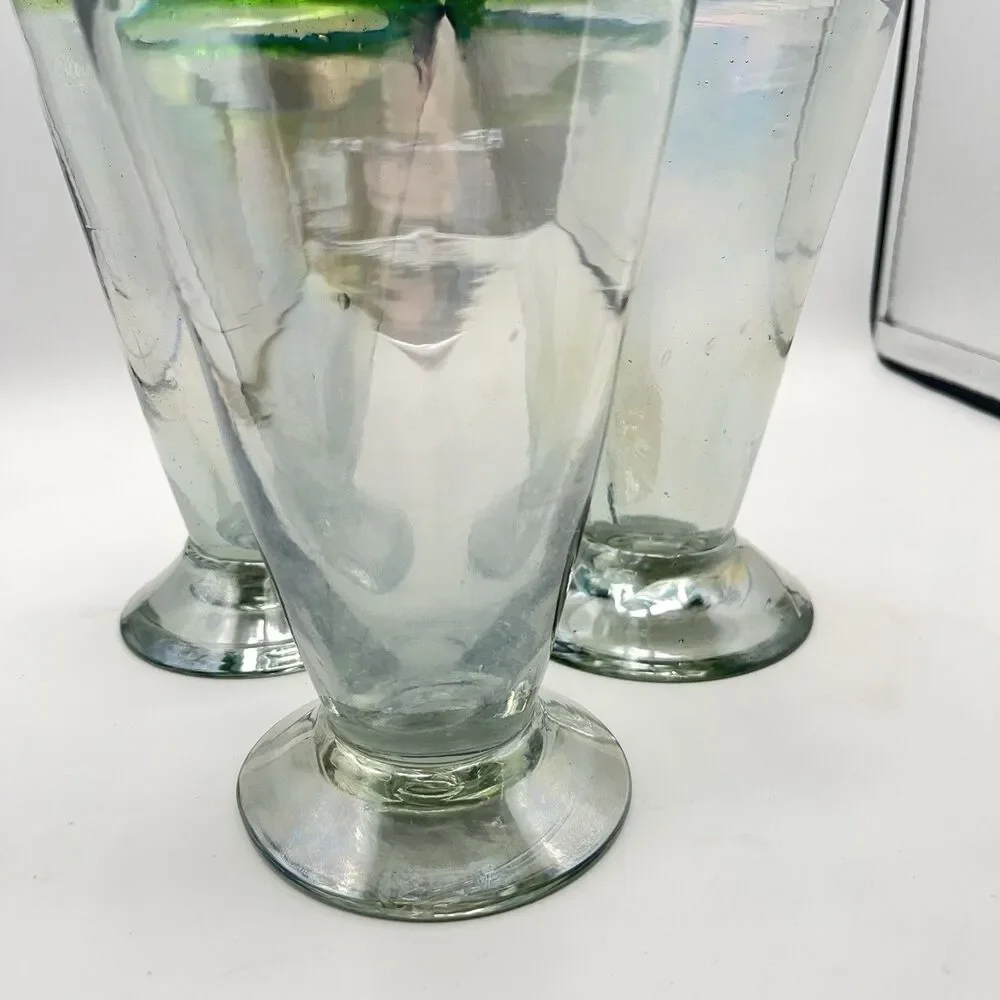 Three Hand Blown Stemware V-Shaped Glasses All Iridescent Green & Blue Band
